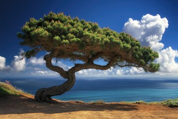 Torrey Pine Tree. Majestic Evergreen Against Pacific Ocean Skyline