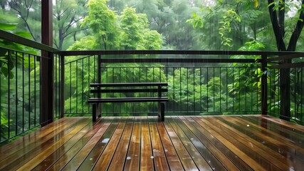 Soft rain creates a soothing atmosphere on a wooden deck surrounded by vibrant green trees, inviting relaxation and tranquility