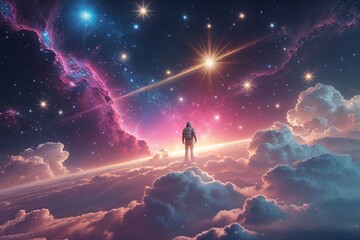 Fototapeta premium Galactic Voyager Lost Among Shimmering Stars and Vibrant Pink Nebula
