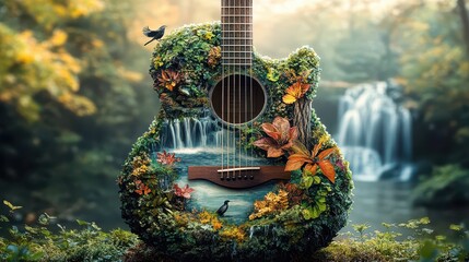 Obraz premium A guitar covered in vibrant foliage and moss stands amidst a tranquil forest backdrop, complete with a gentle waterfall. The autumn leaves add warmth to the scene