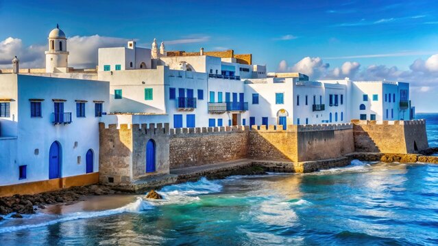 Asilah Morocco Waterfront, Whitewashed Buildings, High Depth of Field Photography