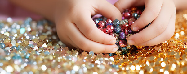 Children enjoy sorting colorful gems and beads during a creative craft activity indoors in bright lighting