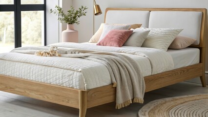 Scandinavian Bed in Light Wood and White
A close-up of a Scandinavian-style bed with a light birch wood frame and a low, minimalist headboard.