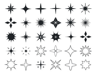 Collection of Decorative Star and Sparkle Icons in Different Shapes and Designs, Ideal for Holidays, Celebrations, and Creative Graphic Projects