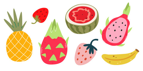 Summer tropical fruits collection. Dragon fruit, pineapple, strawberry, banana, watermelon. Set of organic vitamins and healthy nutrition