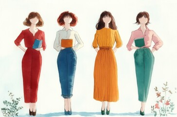 Obraz premium Working Women in a Whimsical Watercolor Style with Soft Pastel Colors
