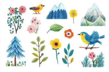 Obraz premium Whimsical Colorful Illustrations of Nature Elements Birds Flowers Mountains Trees