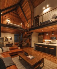 A spacious cabin with high wooden ceilings and an open floor plan features a cozy living area with a sofa, a dining space, and a stylish kitchen, all illuminated by warm lighting