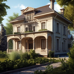 Fototapeta premium Elegant Russian-style private house with intricate wooden detailing, a grand porch, and lush greenery surrounding the residence, bathed in warm sunlight.