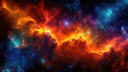 Vibrant Cosmic Nebula with Glowing Stars and Rich Hues of Red Blue and Yellow Energetic Space Environment