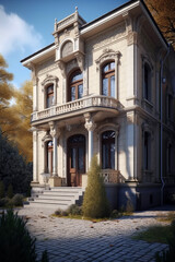 Elegant Russian-style mansion with intricate stucco details, arched windows, and a grand entrance featuring classical columns and a decorative balcony, set against a serene autumn landscape.