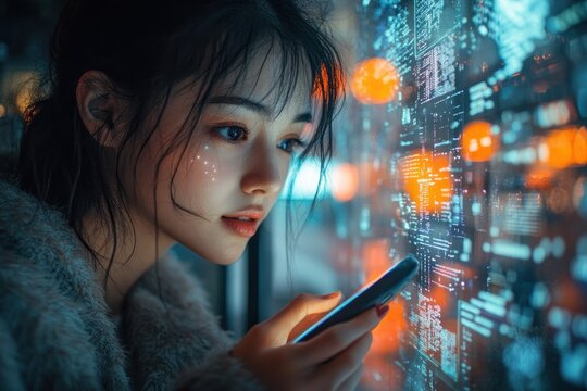 Young woman traveler using smartphone for navigation in vibrant urban shopping street with holographic interface icons