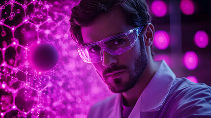 Fototapeta premium Focused Male Scientist in Lab Coat and Safety Glasses Studying Molecular Structure with Pink and Purple Background Lighting