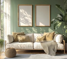 Minimalist Living Room Design with White Sofa and Wooden Frame Mockup on Green Wall