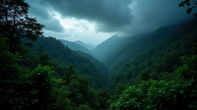 Dense humid equatorial forests under a stormy night sky, where towering trees cast deep shadows. The serene summer atmosphere is enriched by bioluminescent flora and misty air.