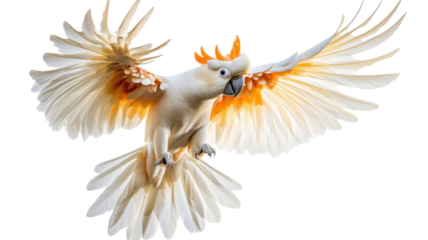 Majestic white cockatoo in mid-flight showcasing vibrant orange crest and wings against a bright background during daylight