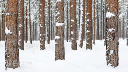 Enchanting snow covered pine forest with tall trees and white ground