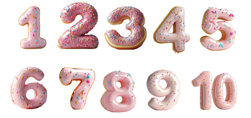 Naklejka premium A playful set of numbers from 1 to 10, shaped like donuts with pink frosting and sprinkles. This image is ideal for educational material, kids' content, or fun illustrations