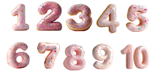 A playful set of numbers from 1 to 10, shaped like donuts with pink frosting and sprinkles. This image is ideal for educational material, kids' content, or fun illustrations