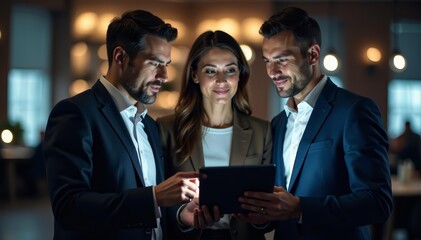 Confident and focused executives discussing ideas with digital tablet, meeting, tablet