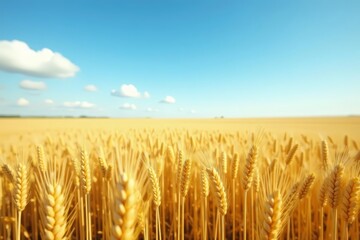 Endless field of golden barley swaying in gentle spring breeze under clear blue sky, landscape, tranquility