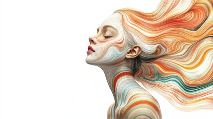 A woman with closed eyes is featured in profile, showcasing her flowing hair that swirls in vibrant colors, creating a dynamic and abstract effect against a plain white background