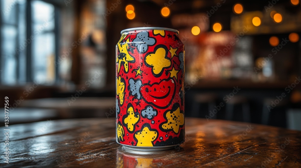 Aufkleber a vibrant beverage can with playful designs sits on a polished wooden table in a bustling nightlife 