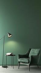 Modern green living room corner.  A cozy reading nook with a green velvet armchair, a small table, and a floor lamp