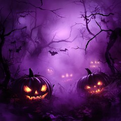 Spooky Halloween forest scene with lit jack-o'-lanterns.  Mysterious, eerie, and vibrant purple colors dominate the foggy woods.  Bats and other creepy creatures add to the ambiance