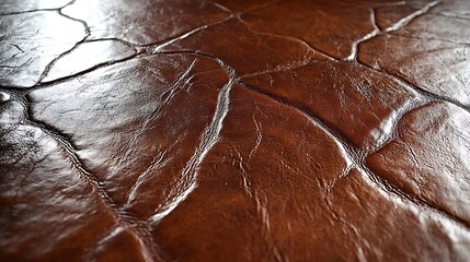 Close-up of a textured brown leather surface with visible cracks and natural patterns creating an abstract visual effect