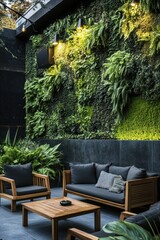 Obraz premium Stylish outdoor seating area with a lush green wall
