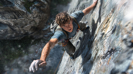 Young male climber ascending steep rocky mountain face man grit grey dust sport brave rocks brown