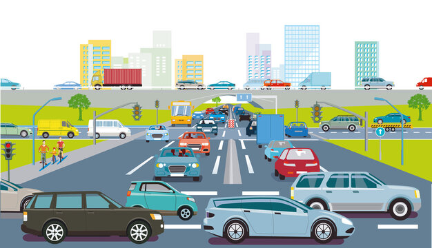 Stadtsilhouette einer Stadt im Verkehrsstau, illustration
