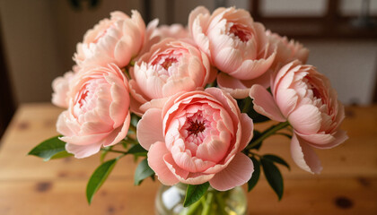 Bouquet of soft pink peonies in a glass vase on a wooden table
