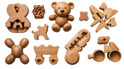 Wooden toys featuring bear, geometric shapes, and playful designs scattered on a light surface