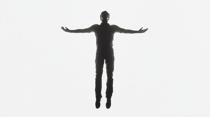 A person stands with arms wide open, embracing a moment of liberation. The bright background creates a striking contrast, emphasizing the figure's profile and pose