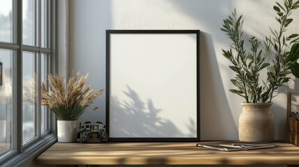 A blank black frame rests on a wooden table beside green plants and a vintage toy, illuminated by soft natural light through a window. The atmosphere feels calm and inviting
