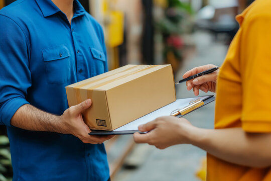 Receiving delivery package. Delivery man and customer.