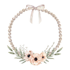 Watercolor hand drawn frame with different branches, anemones on a peach pink color, pearl and tied a bow. Square frame for shop, banner, postcard. Can be used on fabrics and paper products and other.