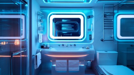 Sci-fi themed bathroom with a holographic mirror interface, glowing accents, and metallic textures