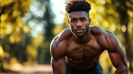 Powerful muscular man outdoors fitness athlete strong bodybuilder park sport model human image photo