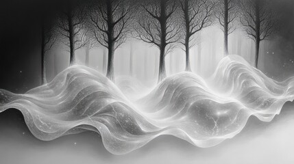 Obraz premium Enchanting winter forest; ethereal light flows, background trees, fantasy art