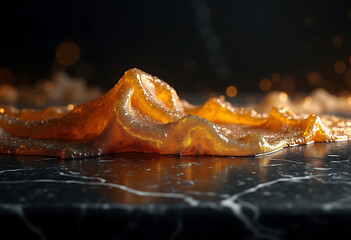 A close-up of a Christmas tree covered in snow with a scenic snowy river, fresh fruit, and a slice of meat in a natural setting