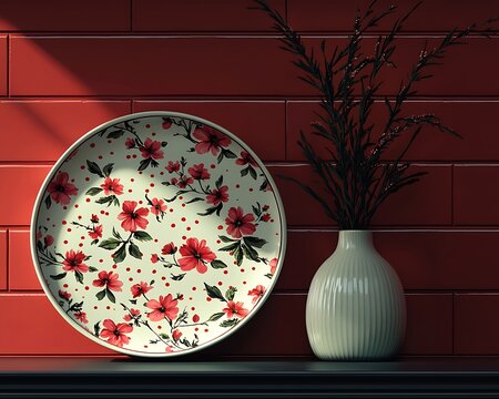 Floral plate, vase, brick wall