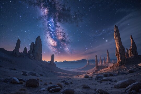 M87 and M88 Cosmic Gas Stream in Enchanting Night Sky Landscape