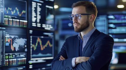 Financial advisor analyzing market trends with data screens
