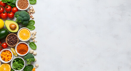 Fresh produce arrangement on a white textured background, creating vibrant visual