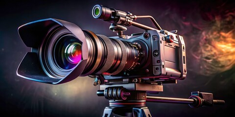 Fototapeta premium Professional Video Camera on Tripod - Close-Up Product Photography for Filmmaking and Videography Enthusiasts