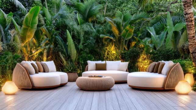 Serene Outdoor Lounge: A luxurious outdoor lounge setting featuring stylish seating arrangements nestled amidst lush tropical vegetation, perfect for relaxation and entertainment.