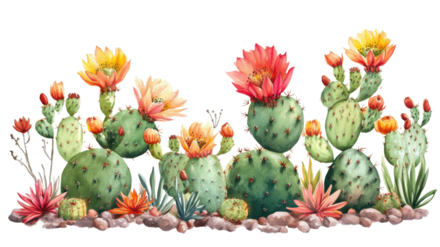 Colorful cactus garden featuring blooming flowers in a desert landscape during daytime